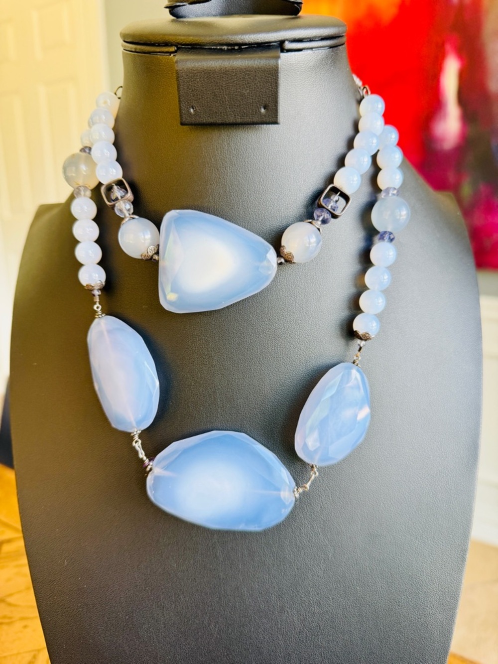 Artisan Made Bold Blue Agate and Crystal Statement Necklace